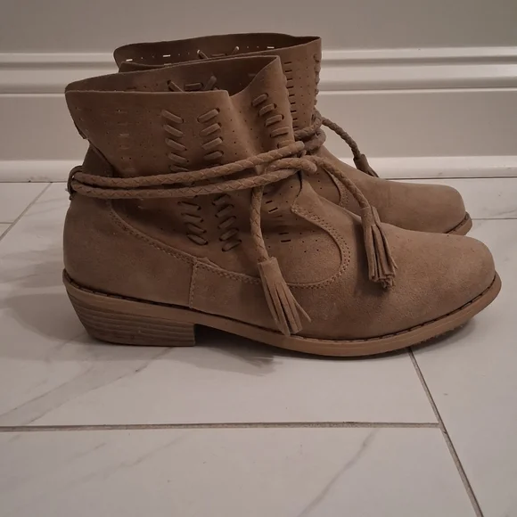 Braided Tassel Ankle Booties in Taupe Suede - Picture 3 of 5